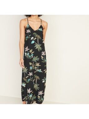 Old Navy Sleeveless V-Neck Maxi Tropical Palm Tree Vacation Dress Size LT